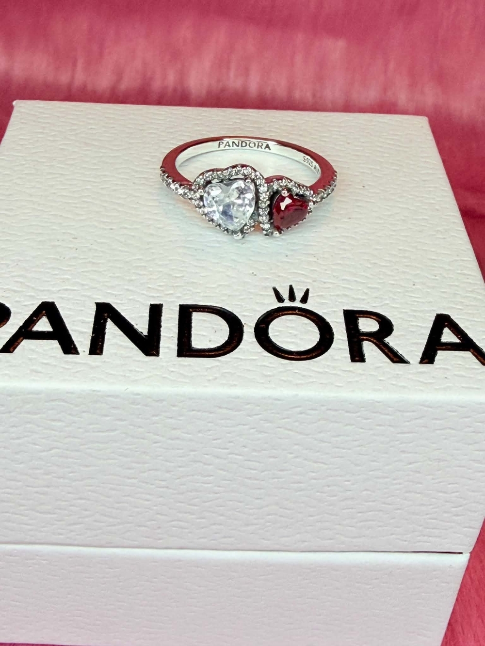 Pandora Sterling Silver Heart Duo Ring with Clear and Red Stones
